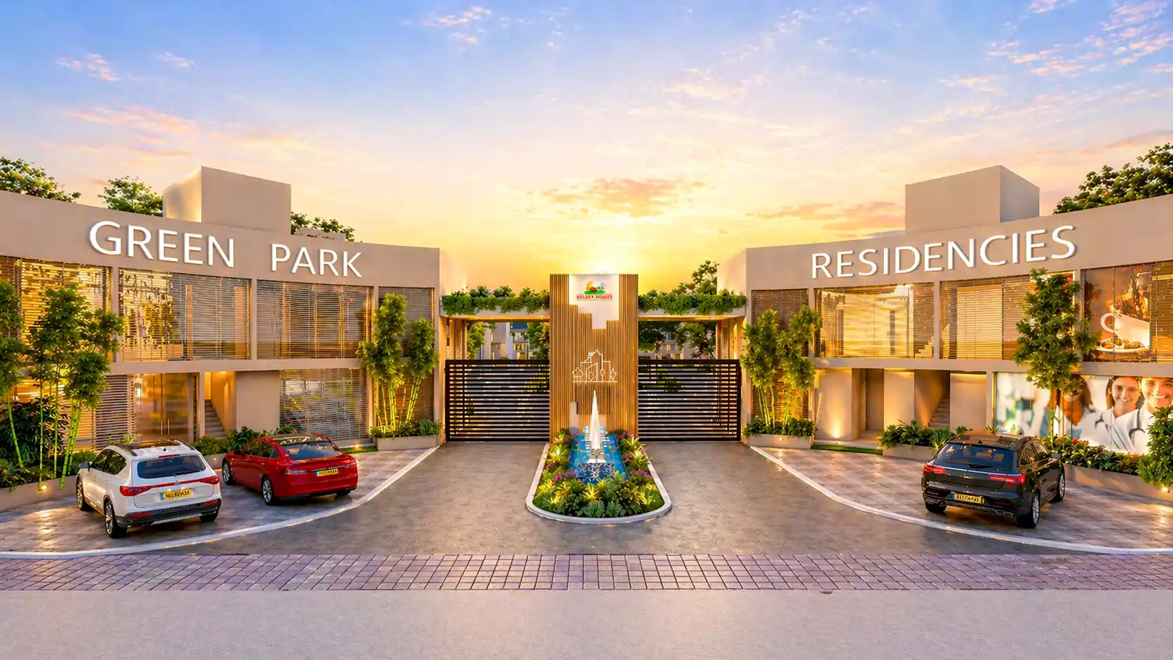 Green Park Residencies entrance at sunset